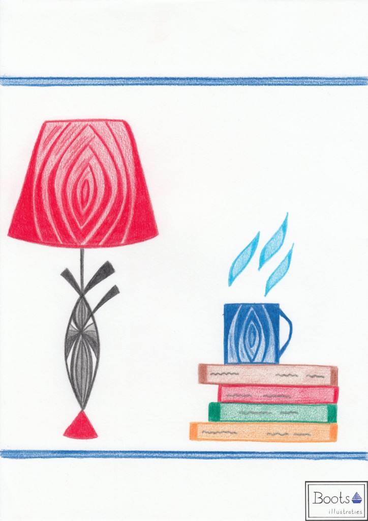 Schemerlamp, boeken, kom