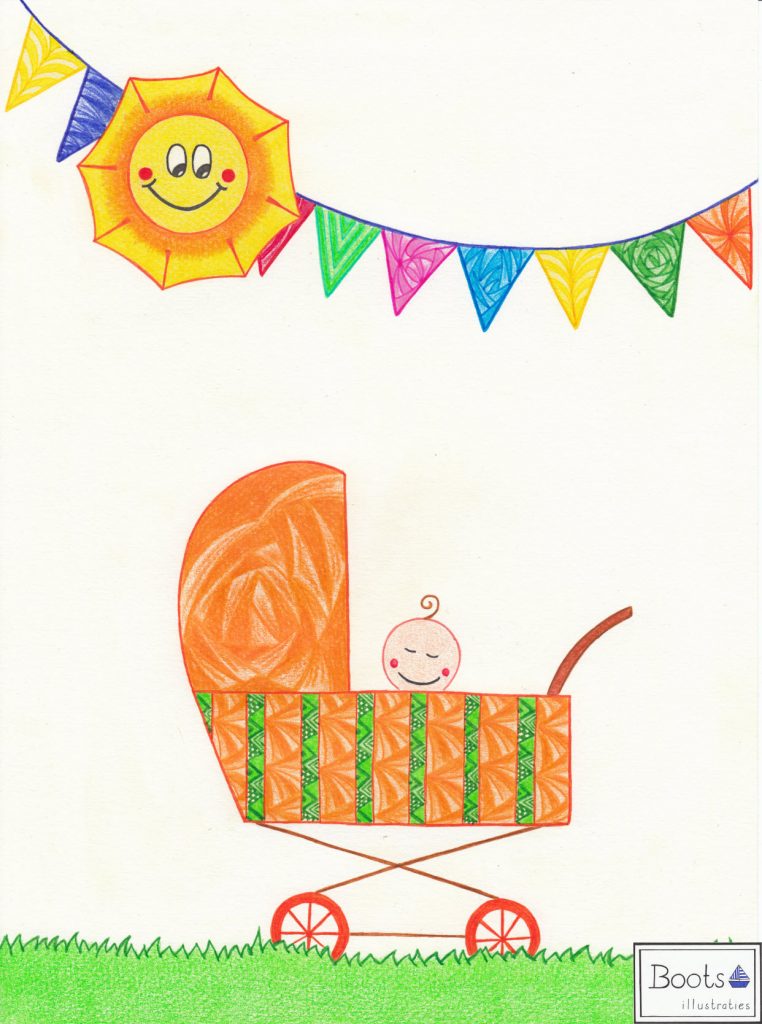 Baby in Pram with Sun and Garlands
