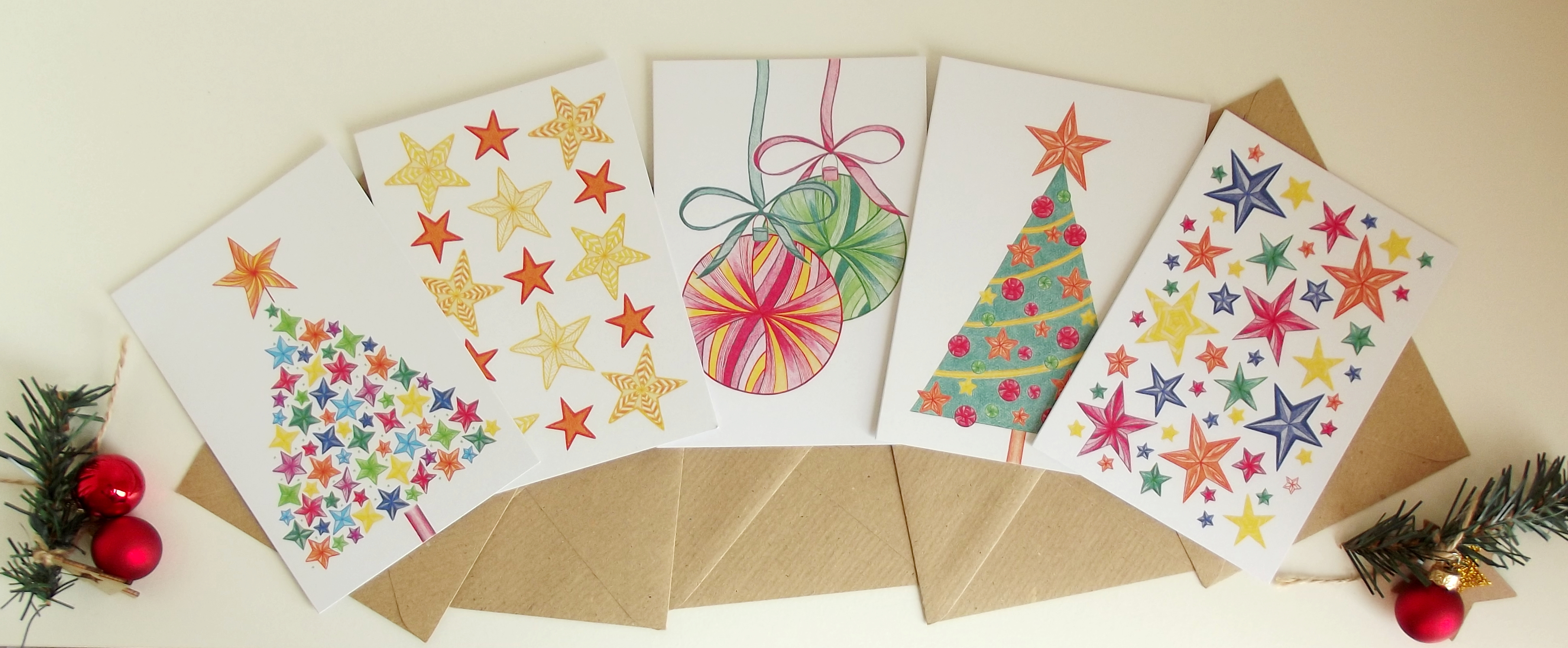 Christmas Cards, Sustainable, Christmas Tree Card, Christmas Stars Card, Christmas Balls Card