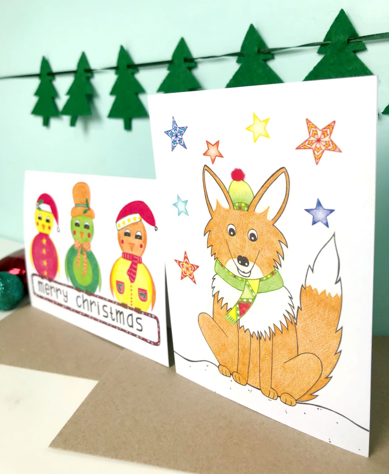 Christmas cards recycled paper, Christmas card fox, Christmas card birds, Merry Christmas