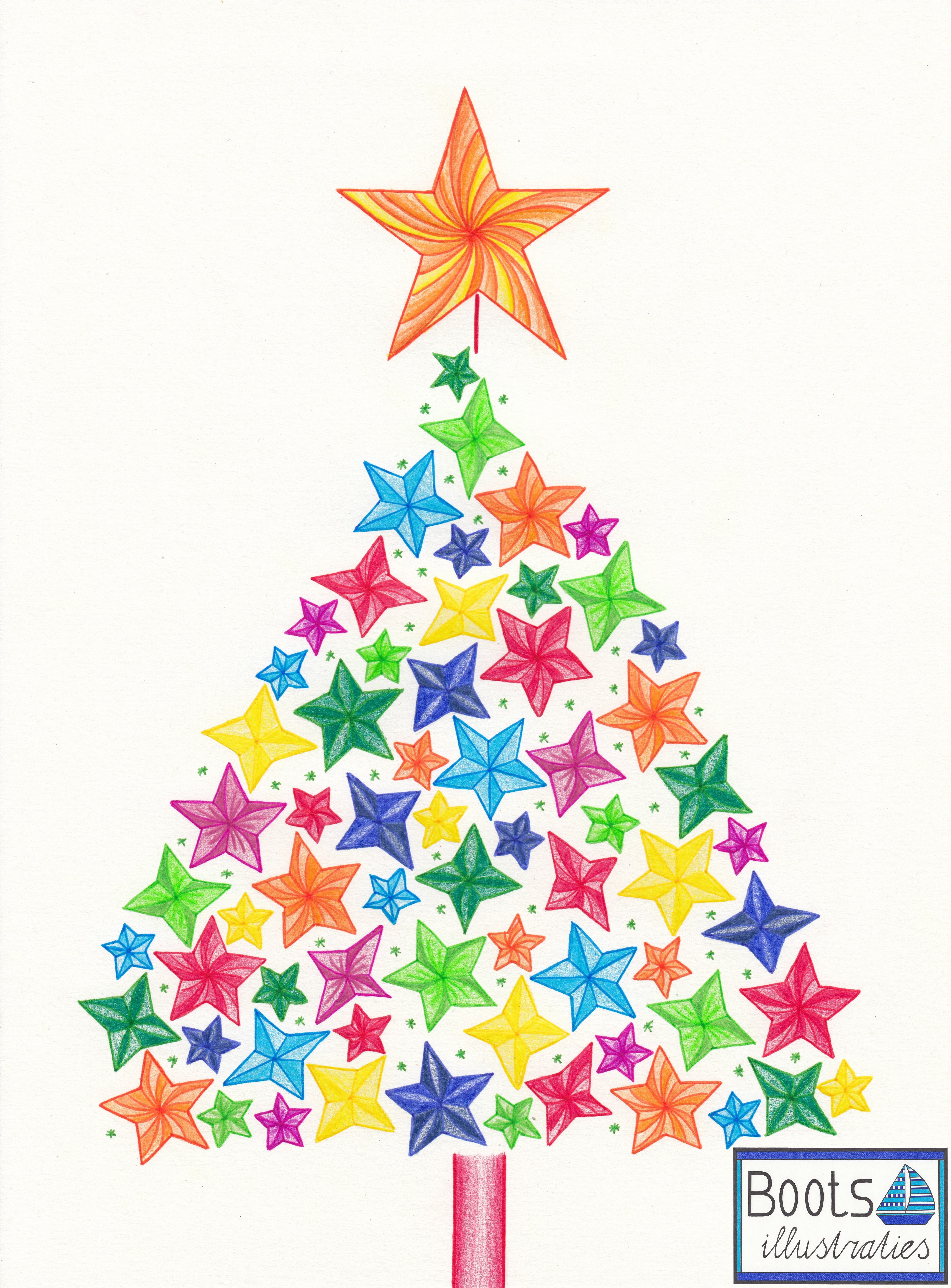 Christmas tree stars, Christmas card, sustainable paper, Boots illustraties